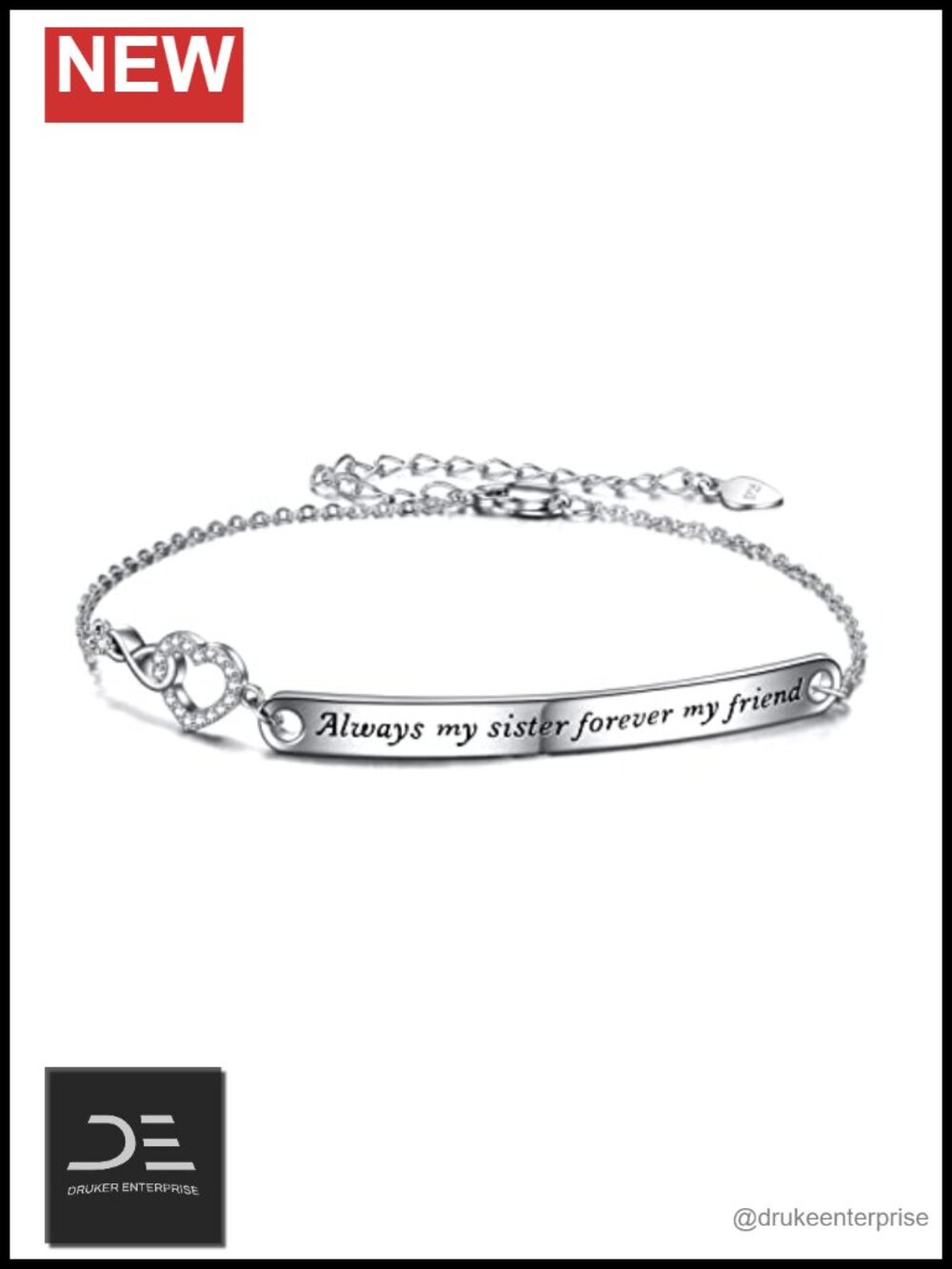 Sterling Silver Infinity Heart Sister Bracelet Adjustable Chain